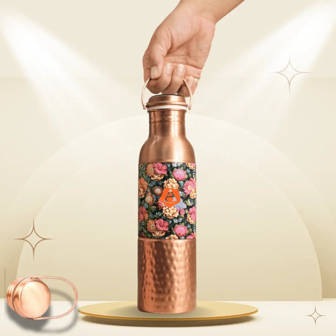 Amrit Half Hammered Half Meena Pure Copper Water Bottle with Handle Cap | BIS Certified – Adroit India - Adroit India
