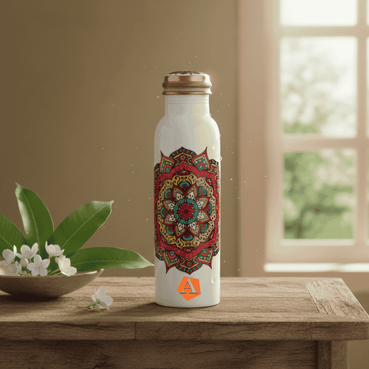 Amrit Mandala Pure Copper Water Bottle 1 Litre | White Enamel Hand - Painted Ayurvedic Bottle – Adroit India - Adroit India