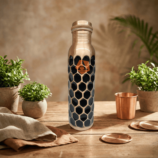 Amrit Antique Hexa Hammered Pure Copper Water Bottle | 1 Litre (1000 ml) | Handcrafted Ayurvedic Bottle – Adroit India - Adroit India