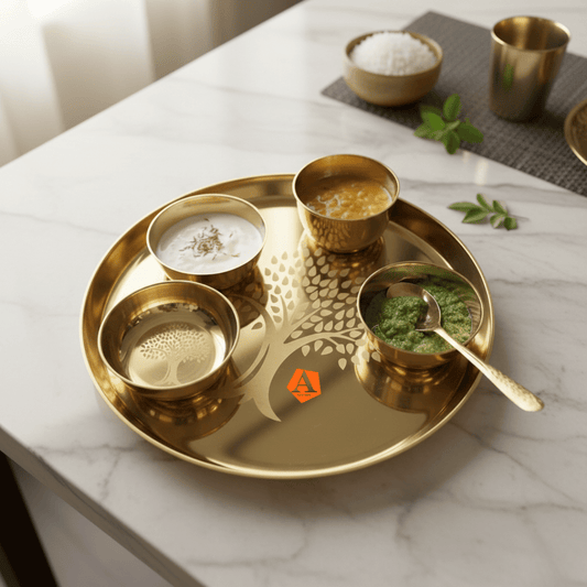 11" Kansa Thali Set with Custom Tree Engraving - Bronze Dinner Plate with 3 Bowls & Spoon - Adroit India