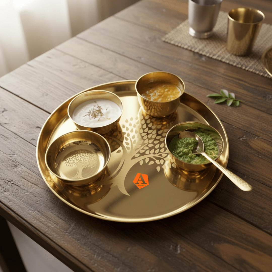 11" Kansa Thali Set with Custom Tree Engraving - Bronze Dinner Plate with 3 Bowls & Spoon - Adroit India