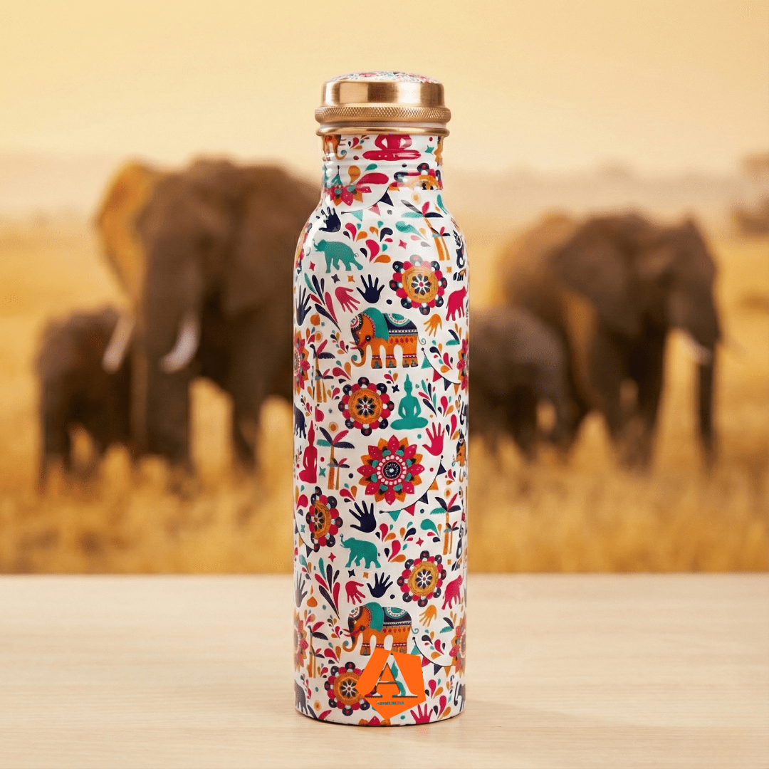 Meena Printed Copper Water Bottle 950 ml | Handcrafted Pure Copper | Premium Ayurvedic Bottle by Adroit India - Adroit India