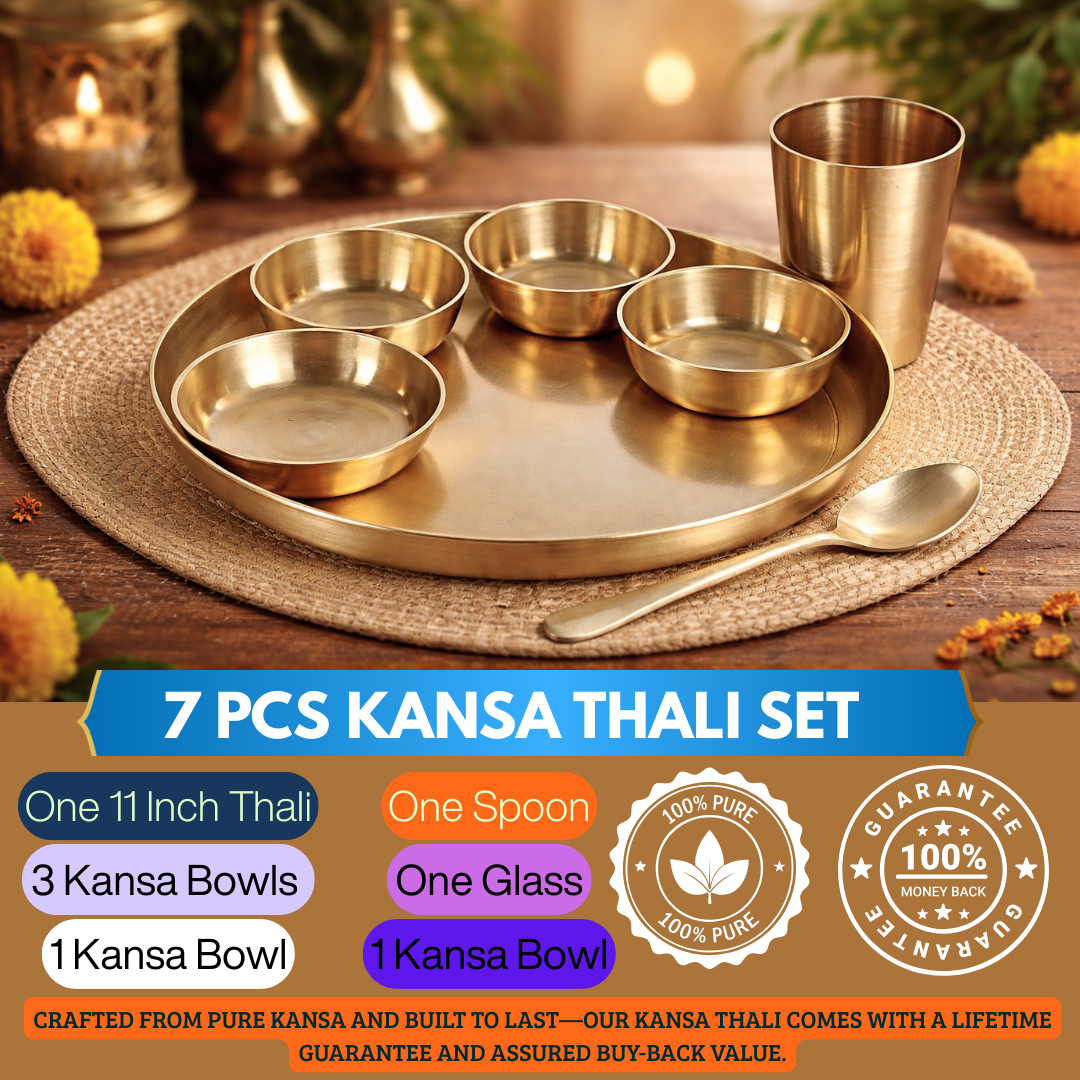 Maharaja Pure Kansa Thali Set (7 Pieces) | 11-Inch Ayurvedic Dining Thali (कांसे का थाली सेट) Adroit India