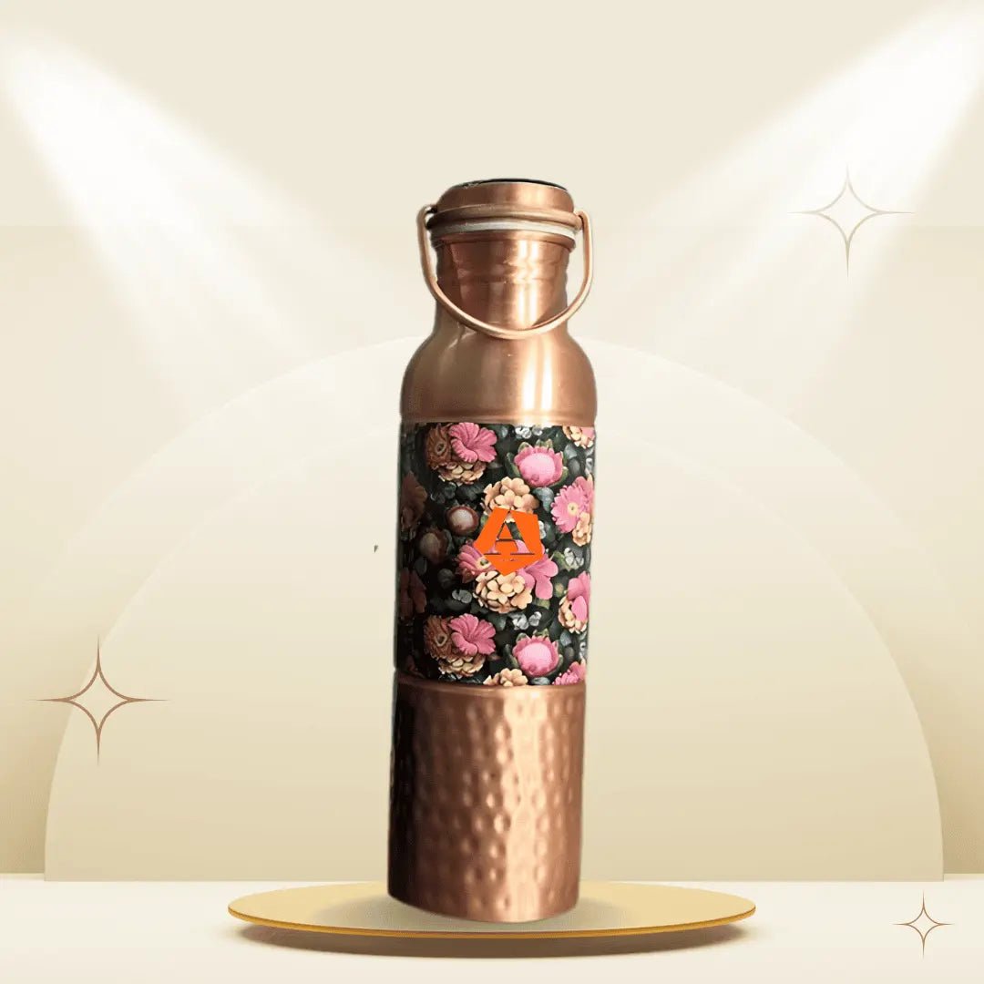 Amrit Half Hammered Half Meena Pure Copper Water Bottle with Handle Cap | BIS Certified – Adroit India - Adroit India