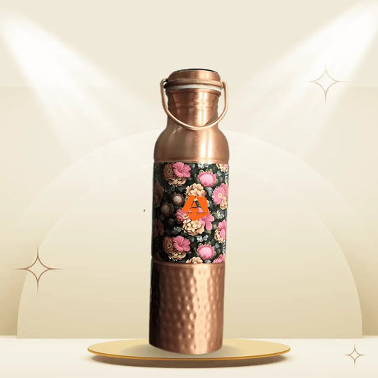 Amrit Half Hammered Half Meena Pure Copper Water Bottle with Handle Cap | BIS Certified – Adroit India - Adroit India