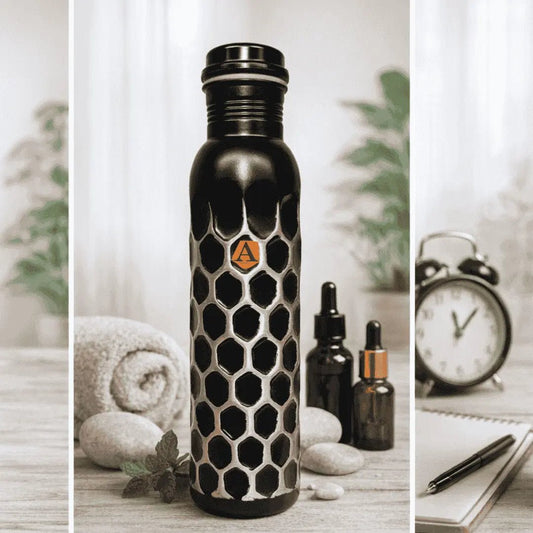 Amrit Honeycomb Hammered Pure Copper Water Bottle 950 ML | Matte Black Finish – Adroit India - Adroit India