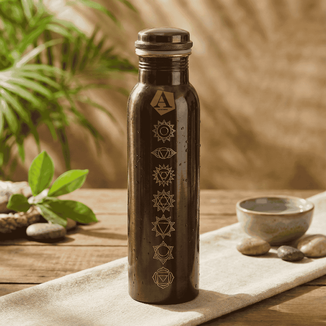 Amrit Antique Chakra Engraved Pure Copper Water Bottle | 1 Litre (1000 ml) | Luxury Ayurvedic Bottle – Adroit India - Adroit India