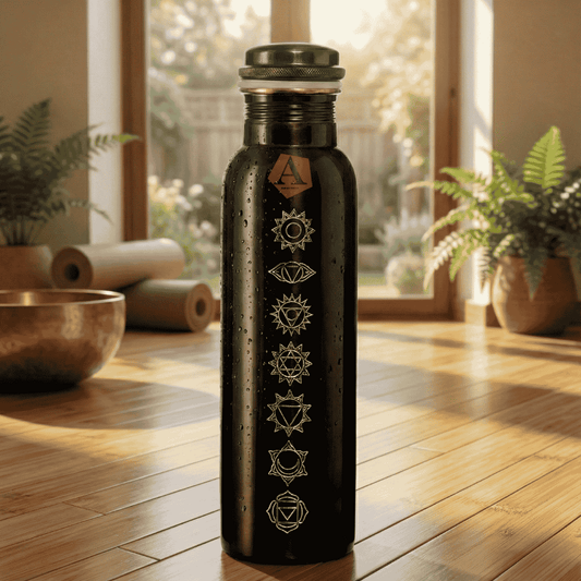 Amrit Antique Chakra Engraved Pure Copper Water Bottle | 1 Litre (1000 ml) | Luxury Ayurvedic Bottle – Adroit India