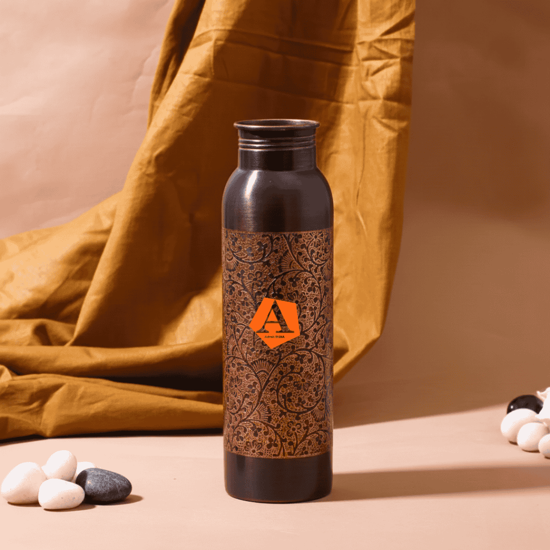 Amrit Antique Pure Copper Water Bottle 1 Litre | Hand-Engraved Vintage Design Ayurvedic Bottle – Adroit India