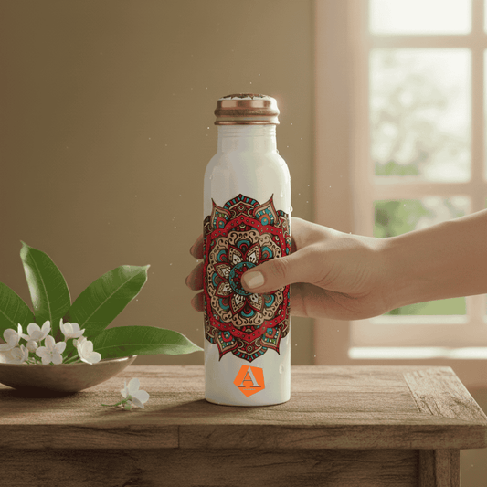 Amrit Mandala Pure Copper Water Bottle 1 Litre | White Enamel Hand-Painted Ayurvedic Bottle – Adroit India
