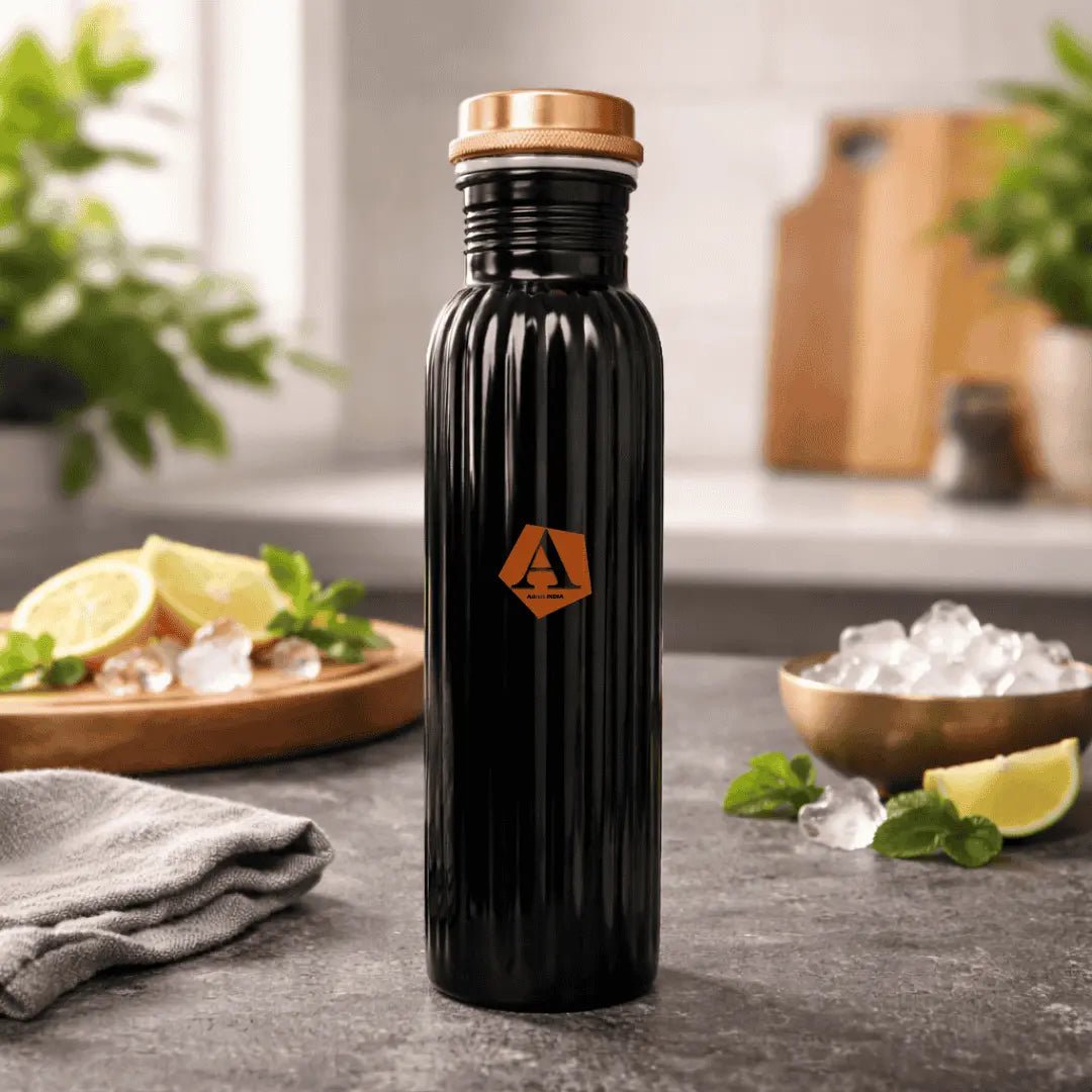 Amrit Matte Black Fluted Pure Copper Water Bottle | BIS Certified – Adroit India - Adroit India