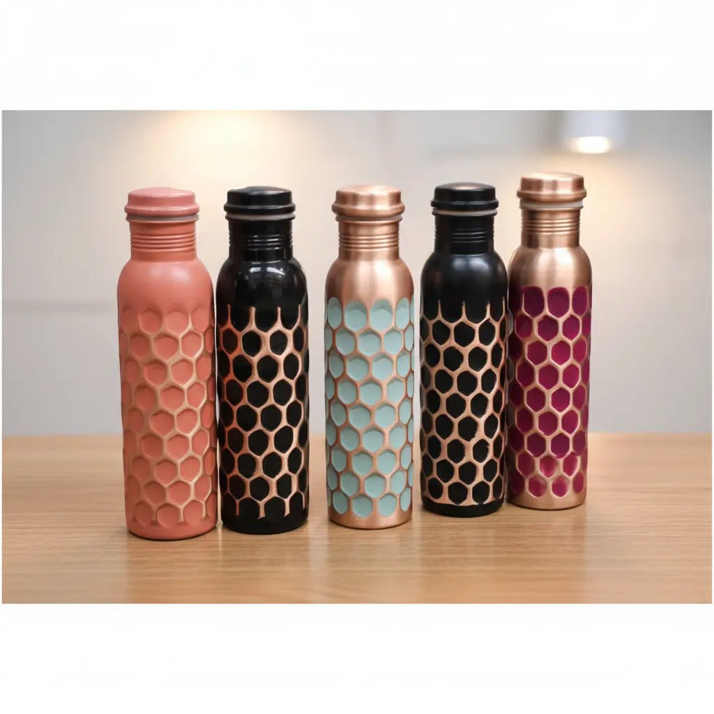 Amrit Honeycomb Hammered Pure Copper Water Bottle 950 ML | Designer Colour Series – Adroit India - Adroit India