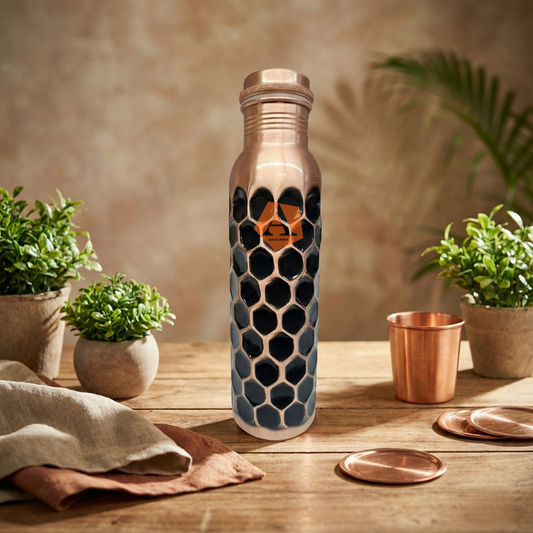 Amrit Antique Hexa Hammered Pure Copper Water Bottle | 1 Litre (1000 ml) | Handcrafted Ayurvedic Bottle – Adroit India