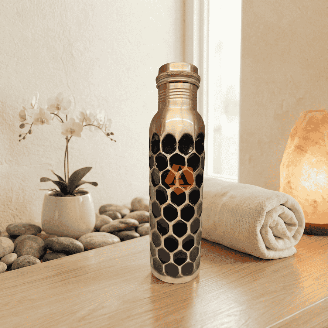Amrit Antique Hexa Hammered Pure Copper Water Bottle | 1 Litre (1000 ml) | Handcrafted Ayurvedic Bottle – Adroit India - Adroit India