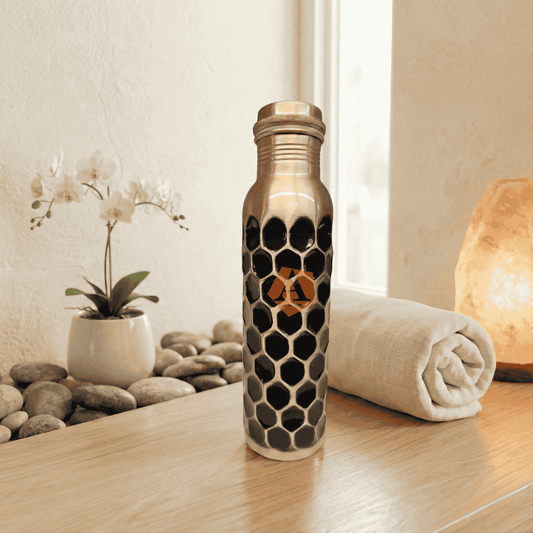 Amrit Antique Hexa Hammered Pure Copper Water Bottle | 1 Litre (1000 ml) | Handcrafted Ayurvedic Bottle – Adroit India