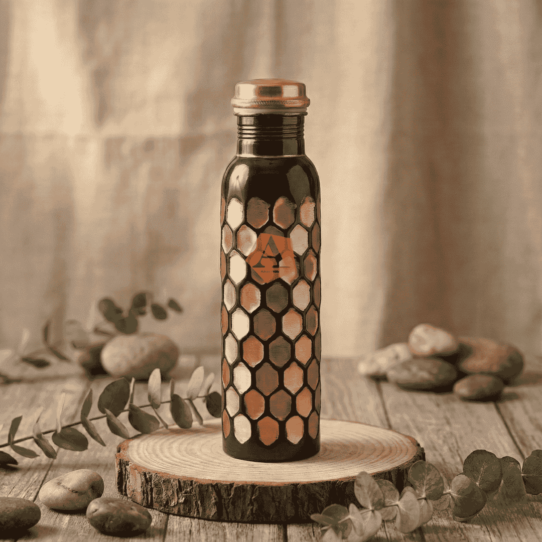 Antique Royale Hexa Hammered Pure Copper Water Bottle | 1 Litre (1000 ml) | Handcrafted Ayurvedic Bottle – Adroit India - Adroit India