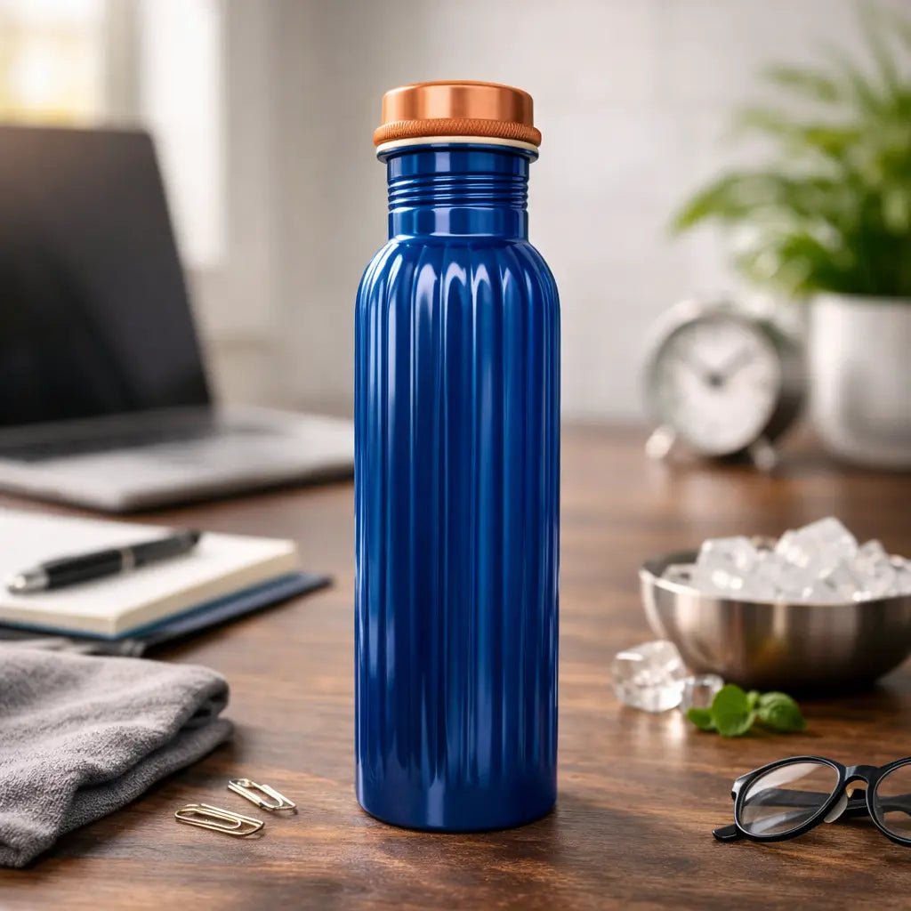 Amrit Royal Blue Fluted Pure Copper Water Bottle | BIS Certified – Adroit India - Adroit India