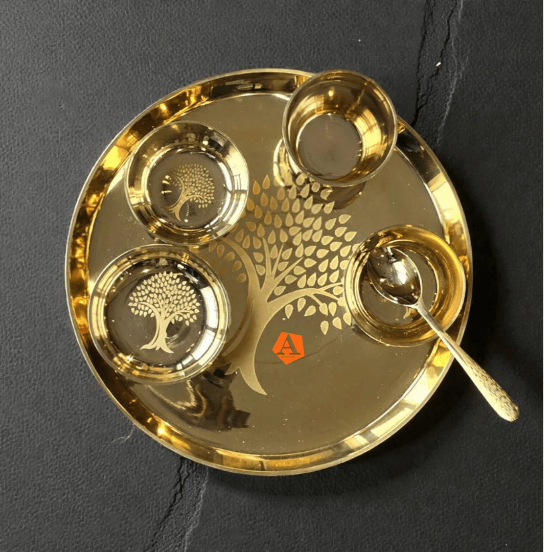 11" Kansa Thali Set with Custom Tree Engraving - Bronze Dinner Plate with 3 Bowls & Spoon - Adroit India