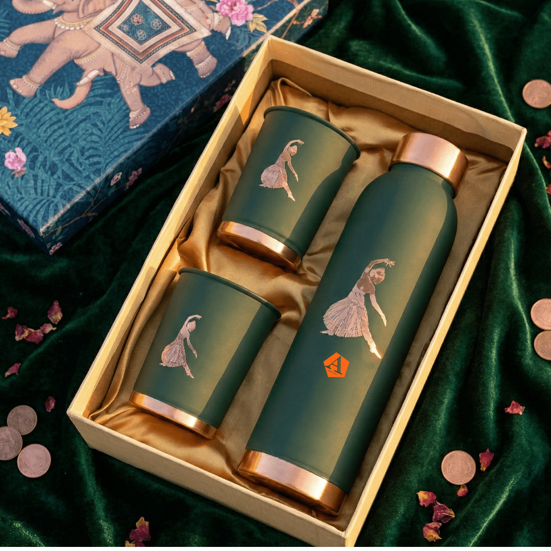 Kathak Art Inspired Copper Bottle Gift Set (950 ml) with 2 Copper Glasses (250 ml) | Premium Wedding Return Gift by Adroit India - Adroit India