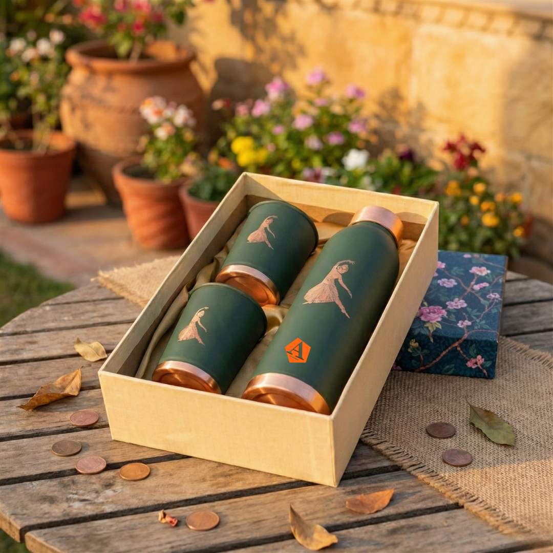 Kathak Art Inspired Copper Bottle Gift Set (950 ml) with 2 Copper Glasses (250 ml) | Premium Wedding Return Gift by Adroit India - Adroit India