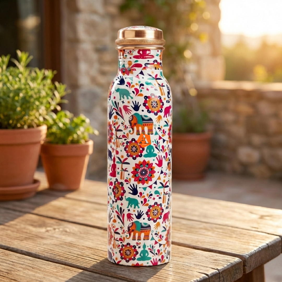 Meena Printed Copper Water Bottle 950 ml | Handcrafted Pure Copper | Premium Ayurvedic Bottle by Adroit India - Adroit India
