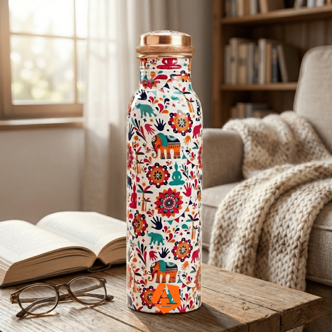 Meena Printed Copper Water Bottle 950 ml | Handcrafted Pure Copper | Premium Ayurvedic Bottle by Adroit India - Adroit India