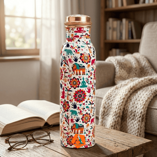 Meena Printed Copper Water Bottle 950 ml | Handcrafted Pure Copper | Premium Ayurvedic Bottle by Adroit India - Adroit India