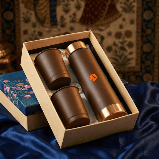 Personalised Copper Bottle Gift Set with 2 Copper Glasses | Premium Ayurvedic Wedding Return Gift by Adroit India - Adroit India