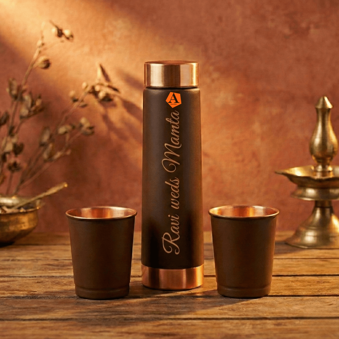 Personalised Copper Bottle Gift Set with 2 Copper Glasses | Premium Ayurvedic Wedding Return Gift by Adroit India - Adroit India