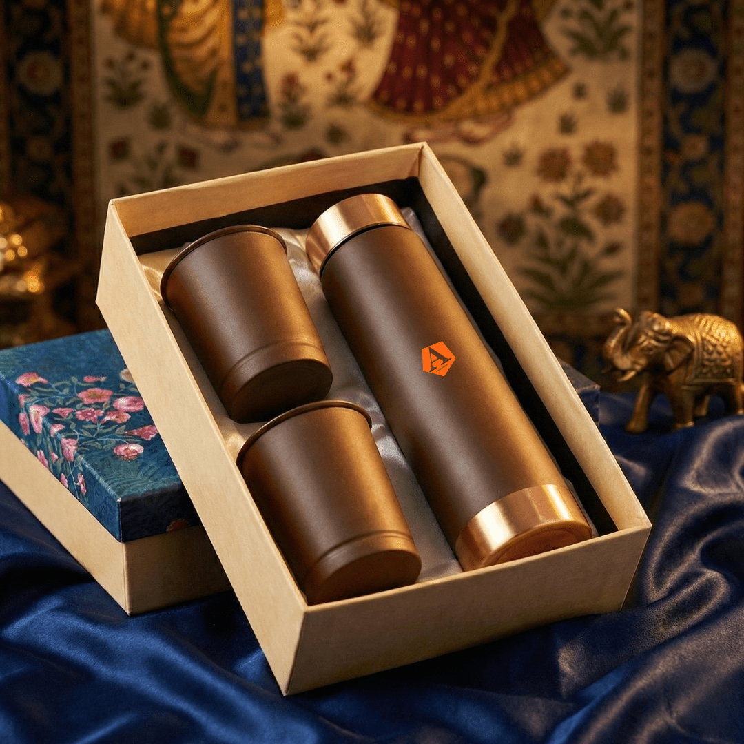 Personalised Copper Bottle Gift Set with 2 Copper Glasses | Premium Ayurvedic Wedding Return Gift by Adroit India - Adroit India