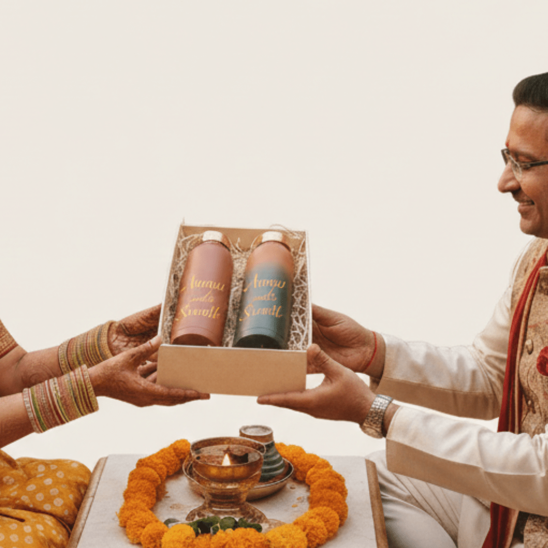 Personalised Couple Copper Bottle Gift Set (950 ml × 2) | Luxury Wedding & Anniversary Gift by Adroit India - Adroit India