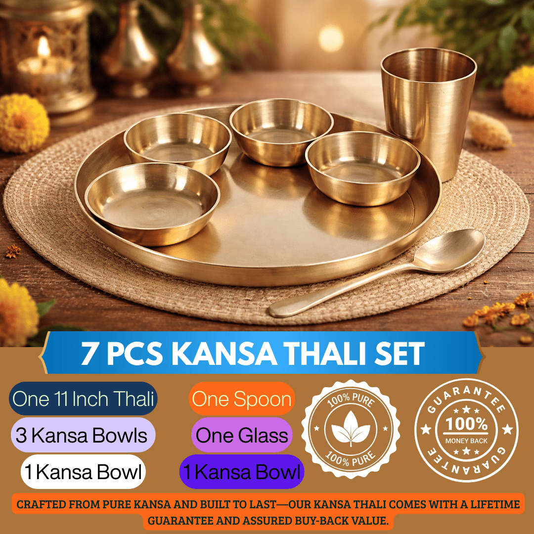 Pure Kansa Thali Set (7 Pieces) | 11 Inch Maharaja Ayurvedic Dining Thali - Adroit India