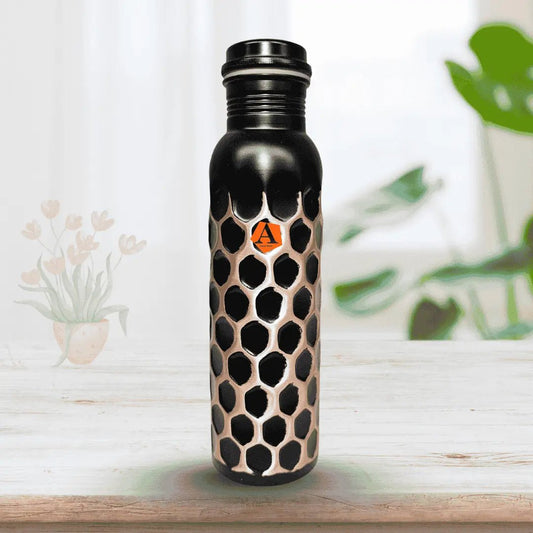 Amrit Honeycomb Hammered Pure Copper Water Bottle 950 ML | Matte Black Finish – Adroit India - Adroit India